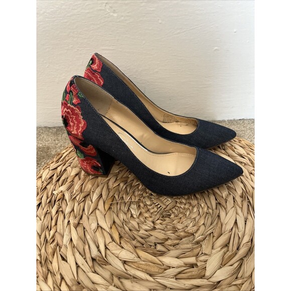 Jessica Simpson Western Denim Floral Pumps Size 6.5 Rose Platform Chunky Boho - Picture 1 of 7